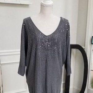 Elle Gray V-Neck Tunic Sequined Sweater Size Medium